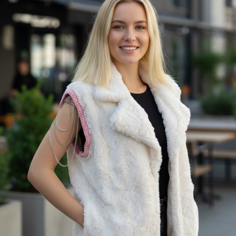 Authentic Faux rabbit fur handmade vest w/pink crochet trim /Chains